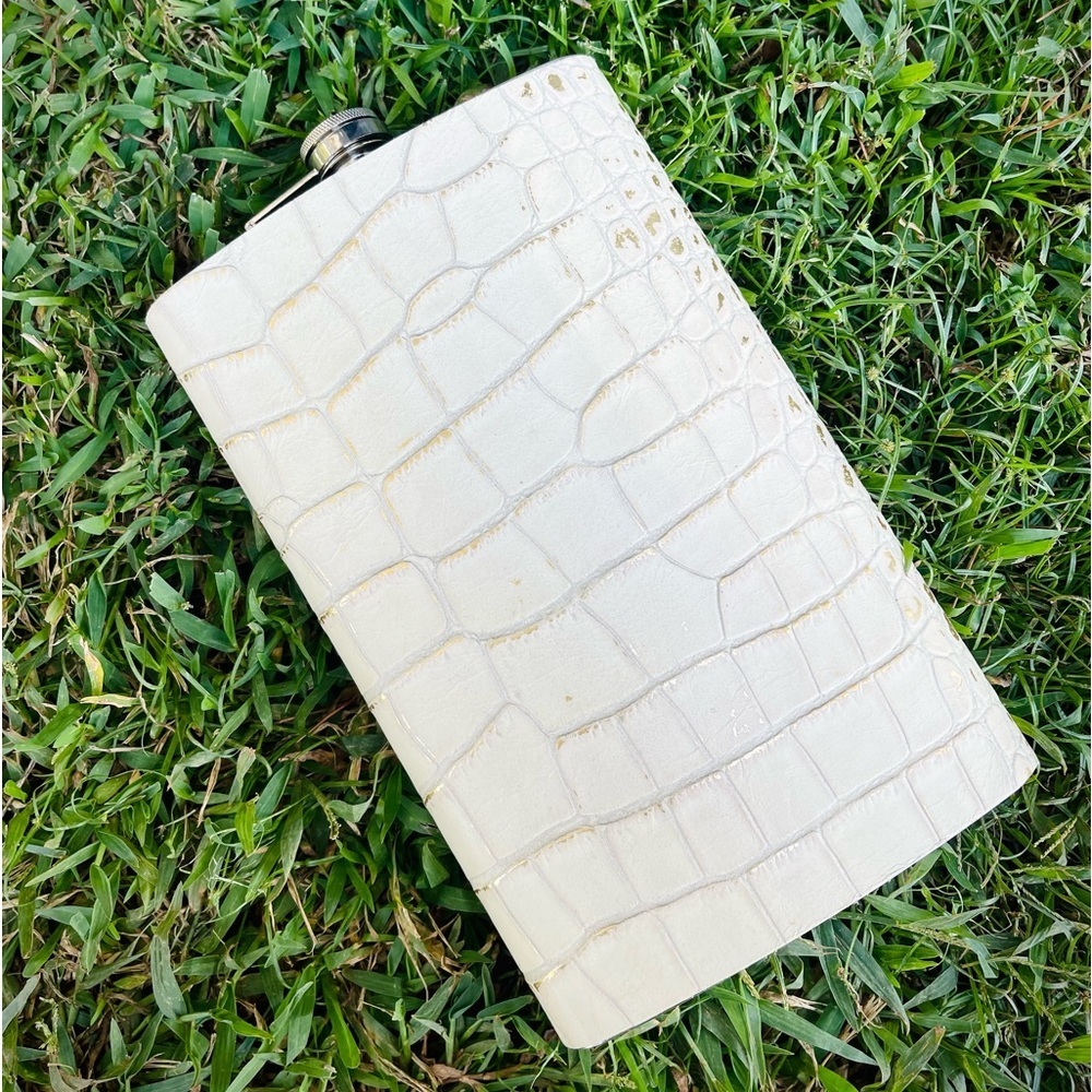 Cowhide Cream Metallic Gold Croc Pattern Stainless Steel Flask 64oz. Half Gallon